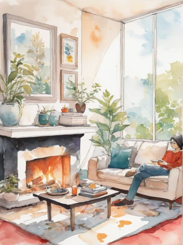 watercolor background,watercolor painting,watercolor,living room,sitting room,livingroom,watercolor tea shop,fireplace,watercolor paint,home landscape,watercolor sketch,watercolor cafe,indoor,fire place,summer cottage,watercolors,fireplaces,watercolor baby items,watercolor tea,family room,Illustration,Paper based,Paper Based 07