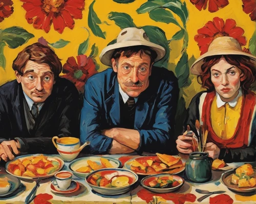 vincent van gough,breakfast table,dayflower family,david bates,tea party,pensioners,braque francais,three wise monkeys,placemat,post impressionism,canna family,dinner party,men sitting,arrowroot family,cream tea,balsam family,dining,group of people,mother and grandparents,tablecloth,Art,Artistic Painting,Artistic Painting 37