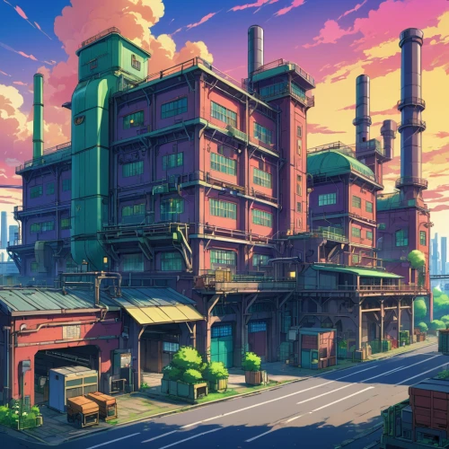 industrial landscape,refinery,factories,industrial plant,chemical plant,industrial ruin,industrial area,industrial building,industry,industries,industrial,factory,heavy water factory,factory bricks,factory chimney,factory ship,old factory,fantasy city,dream factory,powerplant,Illustration,Japanese style,Japanese Style 03