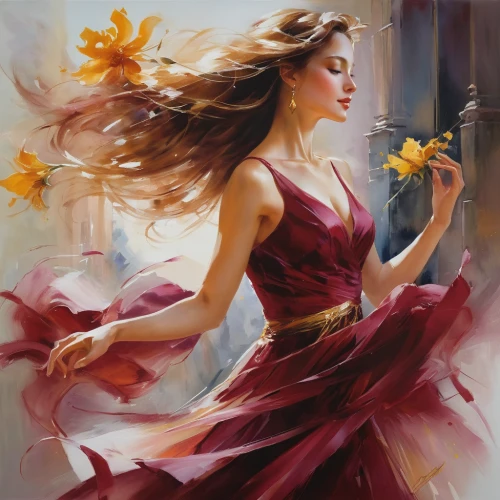 flower painting,girl in flowers,splendor of flowers,little girl in wind,yellow petal,art painting,red-yellow rose,twirling,falling flowers,spray roses,gracefulness,scent of roses,beautiful girl with flowers,yellow rose,gold yellow rose,with a bouquet of flowers,boho art,golden flowers,girl in a long dress,little girl twirling,Conceptual Art,Oil color,Oil Color 03