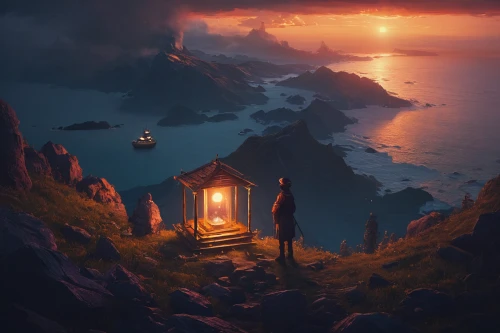lonely house,fisherman's hut,fantasy landscape,world digital painting,evening atmosphere,summer cottage,lantern,little house,small cabin,floating huts,lighthouse,cottage,fisherman's house,hideaway,coast sunset,ancient house,eventide,nightlight,wooden hut,small house,Photography,Documentary Photography,Documentary Photography 16