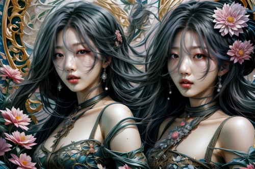 mirror image,twin flowers,chinese art,amano,oriental princess,fractals art,japanese art,oriental longhair,oriental girl,oriental painting,lotus flowers,mirrored,oriental,asian vision,fantasy art,japanese floral background,fantasy portrait,lotuses,water lotus,lotus blossom