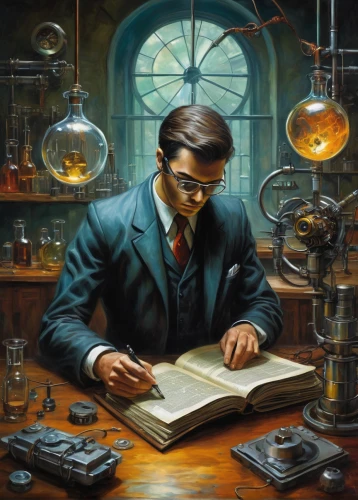 watchmaker,chemist,sci fiction illustration,theoretician physician,clockmaker,physicist,scientist,reading magnifying glass,biologist,professor,researcher,scholar,librarian,scientific instrument,chemical laboratory,laboratory,apothecary,inventor,man with a computer,alchemy,Illustration,Realistic Fantasy,Realistic Fantasy 34