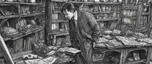 bookstore,bookshop,bookselling,book store,books pile,sci fiction illustration,books,pile of books,readers,book illustration,shopkeeper,book wall,bookshelves,the collector,the books,clerk,book pages,apothecary,librarian,novels,Illustration,Paper based,Paper Based 29