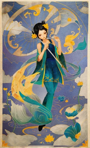 mulan,fantasia,girl with a dolphin,aquarius,oriental painting,little girl in wind,chinese art,the wind from the sea,siren,tapestry,qinghai,art nouveau,mermaid background,sari,murano,art nouveau design,kimono fabric,throwing leaves,oriental princess,water nymph,Illustration,Paper based,Paper Based 07