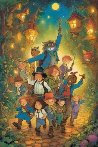 the pied piper of hamelin,children's fairy tale,fairy village,studio ghibli,pinocchio,fairytale characters,magical adventure,children's background,pilgrims,happy children playing in the forest,gnomes,villagers,fairy world,scandia gnomes,pied piper,carolers,fairy tale character,elves flight,orchestra,fairy tale,Illustration,Paper based,Paper Based 12