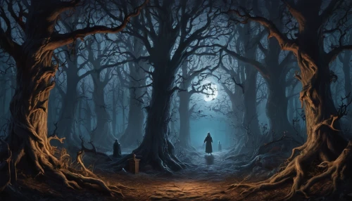 haunted forest,hollow way,enchanted forest,forest path,the mystical path,the woods,forest dark,ghost forest,forest background,world digital painting,fantasy picture,the forest,the path,elven forest,forest of dreams,forest walk,tree grove,halloween bare trees,crooked forest,druid grove,Conceptual Art,Fantasy,Fantasy 27