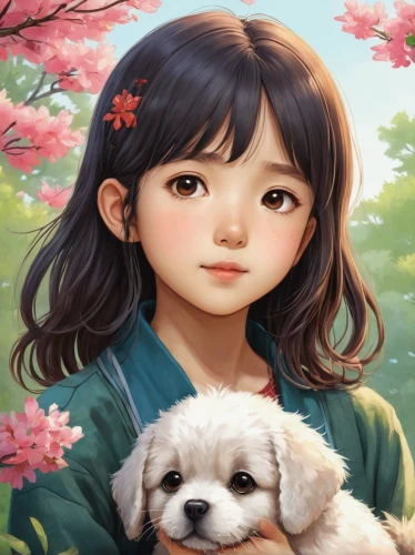 akita inu,girl with dog,portrait background,hanbok,japanese terrier,dog illustration,japanese sakura background,shih tzu,shiba,puppy pet,akita,digital painting,shiba inu,world digital painting,cute puppy,japanese floral background,mulan,fantasy portrait,sakura background,companion dog,Illustration,Japanese style,Japanese Style 12