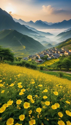 the valley of flowers,guizhou,lilies of the valley,south korea,alpine pastures,meadow landscape,shaanxi province,mountainous landscape,beautiful landscape,inner mongolian beauty,yunnan,ha giang,field of flowers,landscape background,flower field,mountain landscape,carpathians,rural landscape,japan landscape,green landscape,Photography,General,Realistic