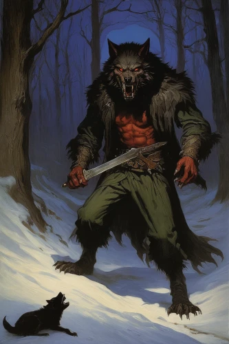 wolfman,splinter,werewolf,woodsman,werewolves,krampus,red riding hood,wolf hunting,wolverine,polecat,black shepherd,gamekeeper,nordic bear,cheshire,feral,tasmanian devil,marten,hunting scene,chasseur,game illustration,Art,Classical Oil Painting,Classical Oil Painting 23