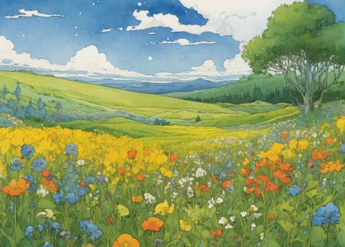 summer meadow,spring meadow,meadow landscape,meadow in pastel,blooming field,flower meadow,flower field,flowering meadow,wildflower meadow,meadow,clover meadow,mountain meadow,alpine meadow,flowers field,field of flowers,dandelion meadow,meadow flowers,daffodil field,small meadow,springtime background,Illustration,Realistic Fantasy,Realistic Fantasy 04