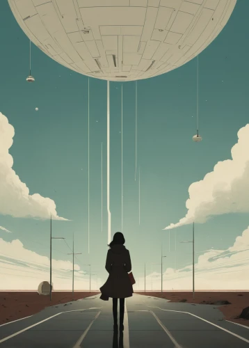 sci fiction illustration,airship,airships,arrival,vanishing point,empty road,travelers,traveler,the road,road to nowhere,gas balloon,traveller,abduction,heliosphere,pedestrian,ufo,road forgotten,ufo intercept,transistor,wanderer,Illustration,Japanese style,Japanese Style 08