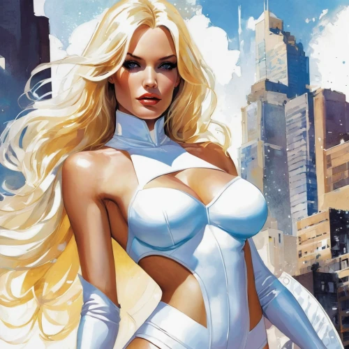 super heroine,fantasy woman,white bird,marvel comics,blonde woman,holly blue,marylyn monroe - female,femme fatale,whitey,whites city,white nougat,white clothing,white coat,white lady,goddess of justice,white silk,birds of prey-night,sci fiction illustration,white beauty,comic book,Conceptual Art,Oil color,Oil Color 07