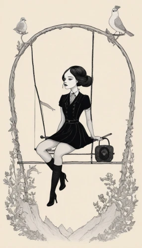 swing,garden swing,trapeze,swinging,flying trapeze,wooden swing,marionette,cd cover,empty swing,swing set,swings,tightrope walker,old world oriole,crow queen,hanging swing,perched on a wire,fashion illustration,vintage drawing,high-wire artist,vintage illustration,Illustration,Abstract Fantasy,Abstract Fantasy 05
