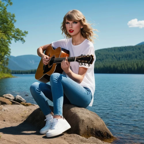 guitar,playing the guitar,the guitar,acoustic guitar,concert guitar,acoustic,perched on a log,white boots,tayberry,country song,guitars,acoustics,electric guitar,blue jeans,acoustic-electric guitar,music artist,the girl is lying on the floor,painted guitar,jeans background,high jeans,Photography,General,Realistic