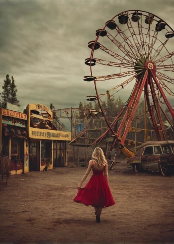 little girl in wind,fairground,little girl with umbrella,conceptual photography,girl with a wheel,carousel,little girl twirling,red shoes,girl in red dress,little girl in pink dress,prater,tomorrowland,wonderland,photographing children,man in red dress,funfair,photo manipulation,vintage girl,vintage boy and girl,red skirt,Photography,Artistic Photography,Artistic Photography 14