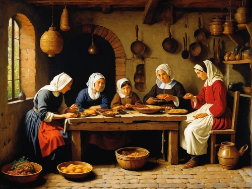 girl in the kitchen,candlemas,soup kitchen,cookery,woman holding pie,holy family,basket maker,holy supper,children studying,girl with bread-and-butter,candlemaker,the kitchen,nativity of christ,church painting,nativity of jesus,charity,parchment,basket weaver,mulberry family,cheesemaking,Art,Classical Oil Painting,Classical Oil Painting 41