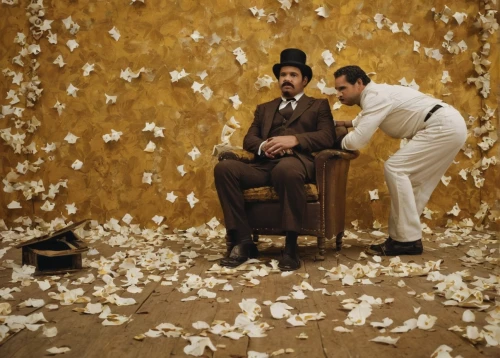 paper flowers,white butterflies,confetti,men sitting,white pigeons,paper roses,flower carpet,1973,1967,fallen petals,1971,spatter,ball of paper,toilet roll,dried petals,golden weddings,rose petals,shavings,paper art,pigeons and doves,Illustration,Realistic Fantasy,Realistic Fantasy 09