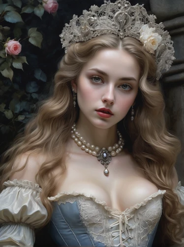 victorian lady,fantasy portrait,white rose snow queen,porcelain rose,victorian style,gothic portrait,fantasy art,cinderella,elizabeth i,romantic portrait,bodice,jessamine,rococo,digital painting,white lady,tudor,comely,queen of hearts,the carnival of venice,world digital painting,Art,Classical Oil Painting,Classical Oil Painting 01