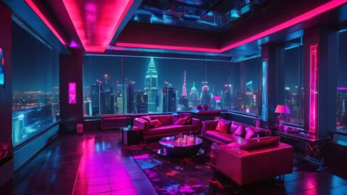 shanghai,apartment lounge,nightclub,hong kong,cyberpunk,great room,livingroom,neon lights,penthouse apartment,sky apartment,kowloon,modern room,neon light,living room,neon cocktails,taipei,blue room,game room,nightlife,dubai,Conceptual Art,Sci-Fi,Sci-Fi 26