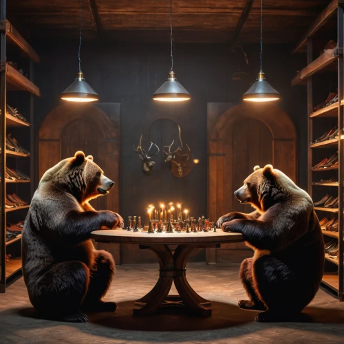 the bears,romantic dinner,dinner for two,bear market,chess game,business meeting,bears,chess men,grizzlies,brown bears,play chess,three wise monkeys,romantic night,chess,candle light dinner,dinner party,drinking party,a meeting,dining,chess player,Photography,General,Fantasy