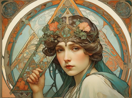 mucha,art nouveau,alfons mucha,art nouveau design,art nouveau frame,art nouveau frames,laurel wreath,art deco woman,girl in a wreath,rusalka,artemisia,priestess,art deco frame,virgo,cleopatra,the angel with the veronica veil,fantasy portrait,golden wreath,art deco,diadem,Illustration,Retro,Retro 03