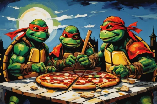 teenage mutant ninja turtles,turtles,raphael,pizza service,order pizza,greed,settlers of catan,trachemys,pizzeria,pizza supplier,massively multiplayer online role-playing game,patrol,reptiles,michelangelo,tabletop game,game illustration,pizza stone,stacked turtles,pizza hawaii,sicilian pizza,Art,Artistic Painting,Artistic Painting 37