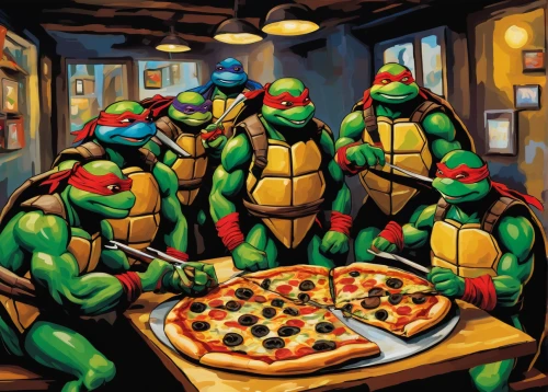 teenage mutant ninja turtles,turtles,pizza service,pizzeria,trachemys,order pizza,pizza supplier,raphael,michelangelo,pizza hawaii,stacked turtles,reptiles,family dinner,family outing,patrol,the pizza,foodies,pizza topping,fantastic four,pizza,Art,Artistic Painting,Artistic Painting 37