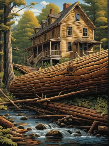log home,log cabin,david bates,log bridge,house in the forest,water mill,sawmill,robert duncanson,dutch mill,fallen trees on the,home landscape,old mill,knotty pine,red cedar,timber house,wooden construction,lumberjack pattern,fisherman's house,wooden house,log truck,Conceptual Art,Daily,Daily 33
