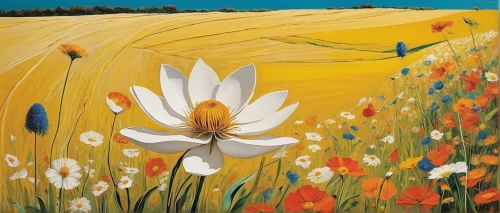 chamomile in wheat field,flower field,flowers field,flower painting,daffodil field,flower meadow,wildflower meadow,blooming field,tulip field,camomile flower,field flowers,summer meadow,australian daisies,tommie crocus,field of flowers,flowering meadow,ox-eye daisy,field of cereals,poppy field,meadow daisy,Illustration,Retro,Retro 21