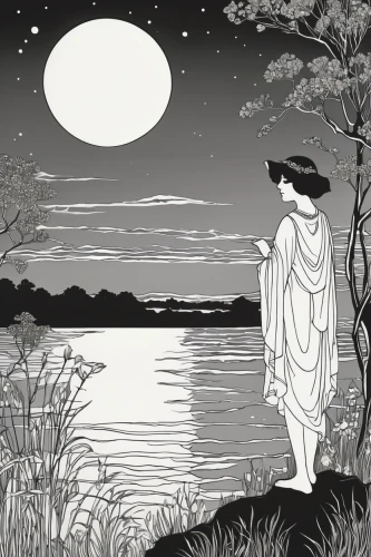 the night of kupala,rem in arabian nights,cool woodblock images,girl on the river,rusalka,the girl in nightie,narcissus of the poets,kate greenaway,idyll,night scene,full moon day,book illustration,secret garden of venus,the blonde in the river,summer solstice,evening lake,moonlit,moonlit night,jane austen,masuria,Illustration,Black and White,Black and White 24