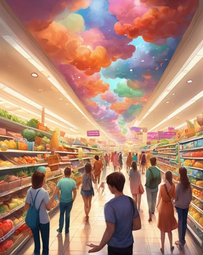 supermarket,grocery,grocery store,world digital painting,grocer,aisle,candy store,consumerism,dream world,grocery shopping,watercolor shops,fantasy world,toy store,rainbow clouds,commerce,shopping icon,large market,fantasy landscape,newworld,store,Illustration,Realistic Fantasy,Realistic Fantasy 01