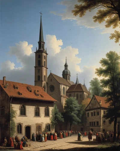 bamberg,muenster,church painting,friborg minster,city of münster,ulm,maulbronn monastery,landsberg,stolberg,braunschweig,st marienkirche,convent,asamkirche,gelnhausen,street scene,erfurt,schaffhausen,münsterland,village scene,schleissheim palace,Art,Classical Oil Painting,Classical Oil Painting 25