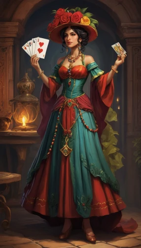 poker primrose,rosella,queen of hearts,la catrina,fortune teller,merchant,ancient costume,tiki,dodge warlock,vendor,fantasy portrait,jester,elza,adelita,rotglühender poker,merida,game illustration,vanessa (butterfly),saranka,sultana,Conceptual Art,Daily,Daily 01