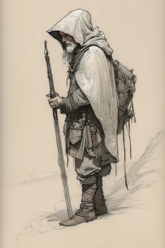 the wanderer,eskimo,nomad,dwarf sundheim,mountain guide,nomads,bedouin,adventurer,wanderer,pilgrim,peddler,fiddler,lone warrior,shepherd,cloak,scythe,winter clothing,hooded man,vendor,pilgrims,Conceptual Art,Fantasy,Fantasy 12