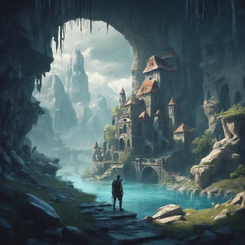fantasy landscape,karst landscape,the blue caves,cave on the water,chasm,wander,canyon,futuristic landscape,cave,world digital painting,sea caves,exploration,blue caves,ravine,concept art,the mystical path,game art,the valley of the,virtual landscape,guards of the canyon,Conceptual Art,Daily,Daily 11