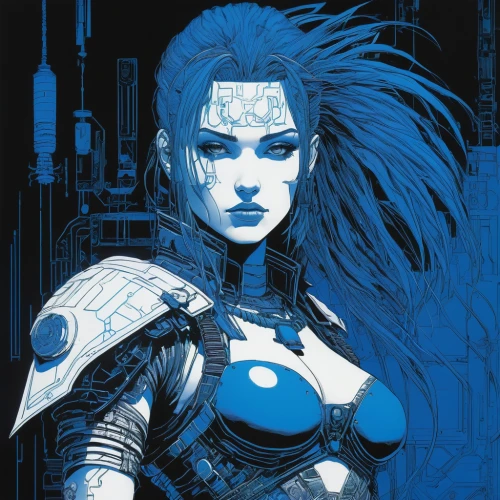 blue enchantress,valerian,widowmaker,mystique,cyborg,winterblueher,indigo,echo,azure,blu,sapphire,cobalt,cyberpunk,callisto,sci fiction illustration,shepard,artemisia,widow,head woman,nova,Illustration,Realistic Fantasy,Realistic Fantasy 04