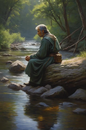 fisherman,version john the fisherman,woman at the well,the blonde in the river,man praying,woman praying,indian monk,middle eastern monk,praying woman,moses,fisher,jordan river,girl on the river,contemplation,oil painting,oil painting on canvas,the good shepherd,abraham,monk,benediction of god the father,Conceptual Art,Fantasy,Fantasy 13