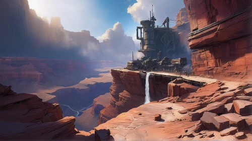 canyon,futuristic landscape,guards of the canyon,street canyon,fantasy landscape,grand canyon,desert landscape,monument valley,petra,red cliff,fairyland canyon,angel's landing,desert desert landscape,tower fall,zion,cliff dwelling,concept art,valley of death,chasm,moon valley,Conceptual Art,Fantasy,Fantasy 12