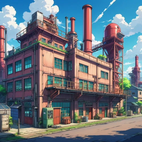 industrial landscape,industrial plant,refinery,factories,chemical plant,industrial ruin,industrial building,industrial area,factory chimney,factory,old factory,industrial,heavy water factory,industry,factory bricks,factory ship,industries,empty factory,dream factory,sewing factory,Illustration,Japanese style,Japanese Style 03