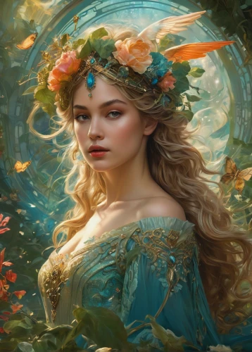 fantasy portrait,faery,faerie,fantasy art,girl in a wreath,mystical portrait of a girl,fantasy picture,fairy queen,flower fairy,girl in flowers,wreath of flowers,flora,fae,blooming wreath,floral wreath,elven flower,fantasy woman,beautiful girl with flowers,rosa 'the fairy,rose wreath,Conceptual Art,Fantasy,Fantasy 05