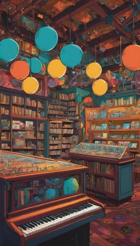 bookstore,book store,bookshop,music store,watercolor shops,study room,ufo interior,reading room,playing room,piano books,library,pianos,classroom,music books,pharmacy,book wall,bookshelves,record store,computer room,game room,Illustration,Realistic Fantasy,Realistic Fantasy 12
