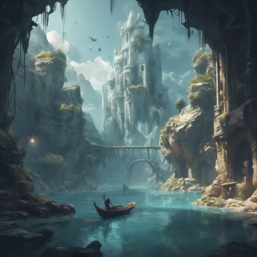 fantasy landscape,cave on the water,underwater oasis,underwater landscape,fantasy picture,imperial shores,3d fantasy,karst landscape,underground lake,ancient city,fantasy art,bird kingdom,lagoon,sea caves,fantasy world,waterscape,floating islands,water castle,world digital painting,fjord,Conceptual Art,Daily,Daily 11