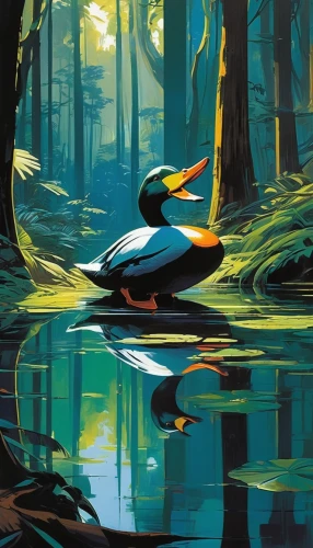 duck on the water,bird painting,water fowl,ivory-billed woodpecker,waterfowl,waterfowls,wild ducks,wetland,aquatic bird,ornithology,bird illustration,canard,water bird,waterbird,hooded merganser,nature bird,water birds,mallard,wetlands,backwater,Conceptual Art,Sci-Fi,Sci-Fi 23