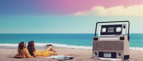 summer icons,the beach fixing,retro women,beachhouse,retro music,payphone,radio cassette,beach furniture,beach house,microcassette,air conditioner,retro style,70s,vintage girls,retro background,space heater,retro woman,pay phone,music player,cassette,Illustration,Realistic Fantasy,Realistic Fantasy 07