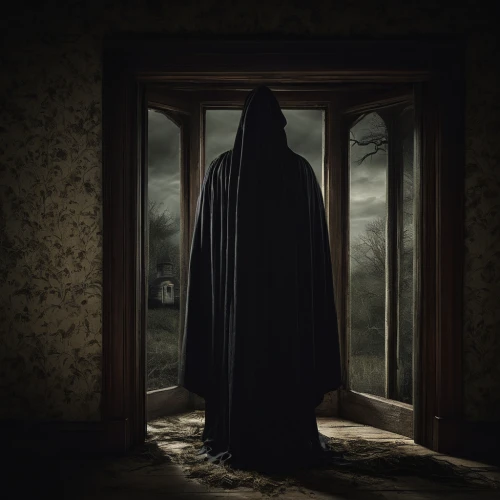 dark cabinetry,hooded man,cloak,the nun,creepy doorway,burqa,burka,grimm reaper,in the door,grim reaper,the door,the threshold of the house,apparition,the ghost,penumbra,abaya,open door,conceptual photography,anonymous,hooded,Photography,Documentary Photography,Documentary Photography 17