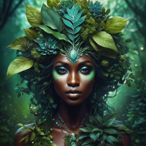 dryad,poison ivy,green wreath,tropical greens,girl in a wreath,tree crown,mother nature,fantasy portrait,laurel wreath,mother earth,flora,faery,mystical portrait of a girl,faerie,anahata,natura,elven flower,background ivy,green tree,the enchantress,Illustration,Realistic Fantasy,Realistic Fantasy 15