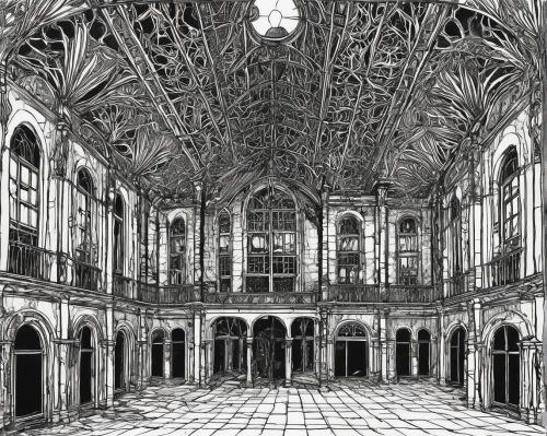 doge's palace,empty interior,royal interior,ornate room,luxury decay,hall of the fallen,abandoned place,abandoned places,the palace,empty hall,ballroom,the court,ghost castle,umayyad palace,the royal palace,palace,dandelion hall,haunted cathedral,versailles,grand master's palace,Illustration,Black and White,Black and White 28