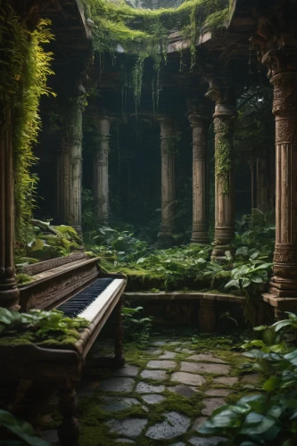 abandoned place,abandoned places,lost place,fantasy landscape,hall of the fallen,secret garden of venus,pillars,abandoned,ruins,lostplace,enchanted forest,lost places,tunnel of plants,forest chapel,ancient city,fantasy picture,forest floor,garden bench,ancient house,resting place,Photography,General,Fantasy