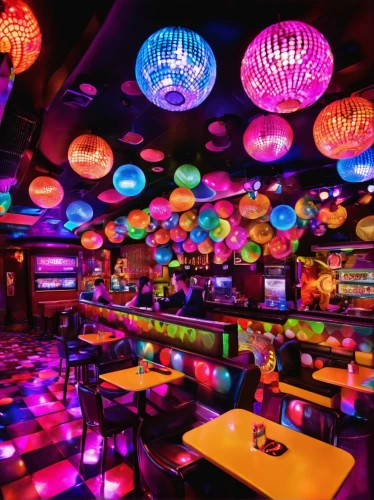 neon cocktails,ufo interior,nightclub,neon drinks,colored lights,party lights,neon candies,neon light drinks,colorful light,disco,unique bar,colorful balloons,neon coffee,rosa cantina,neon lights,neon light,black light,piano bar,party decoration,neon tea,Illustration,Realistic Fantasy,Realistic Fantasy 38